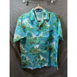 Isleño Button Up Shirt Adult‎ Large Blue Tropical Short Sleeve Casual Mens.